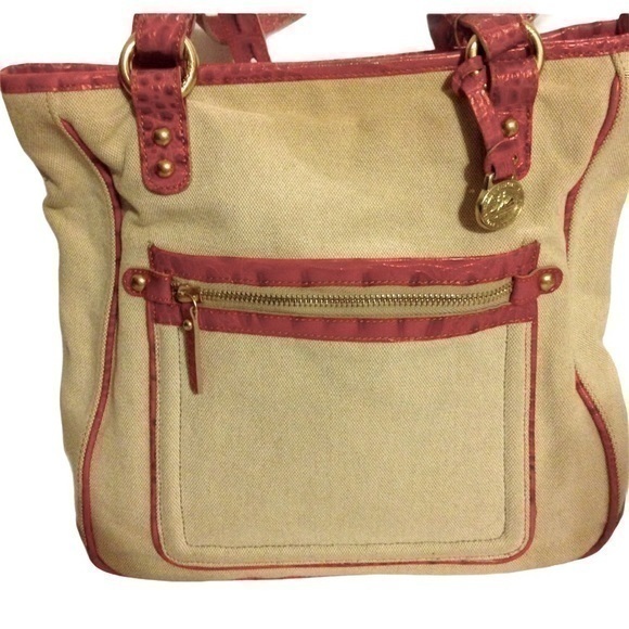 Brahmin canvas and red leather Melbourne tote bag - Picture 1 of 8